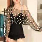 Set: Frill Trim Cutout Swimsuit + Floral Mesh Top