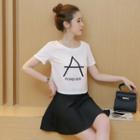 Set: Lettering Short Sleeve T-shirt + Flared Skirt