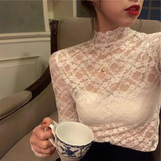 Mock-neck Long-sleeve Lace Top White - One Size