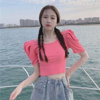 Puff-sleeve Cutout-back Cropped T-shirt