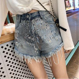 Fringe Ripped Sequin Denim Shorts