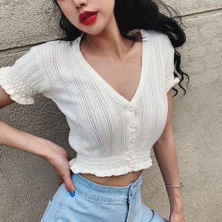 Short-sleeve Smocked Waist Cropped Knit Cardigan