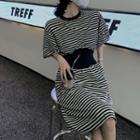 Short-sleeve Striped Midi A-line Dress Midi Dress - Stripe - Black & White - One Size