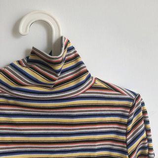 Mock-turtleneck Striped Long-sleeve Ribbed T-shirt Stripes - One Size