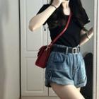 Short-sleeve Plain T-shirt / Denim Shorts With Belt