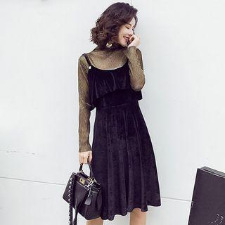 Set: Mock-neck Long-sleeve Top + Ruffle Trim Spaghetti Strap Dress