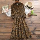 Leopard Long-sleeve A-line Midi Dress