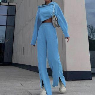 Set: Plain Cropped Hoodie + Slit Wide Leg Pants