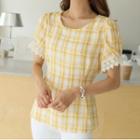 Lace-sleeve Tie-waist Checked Top