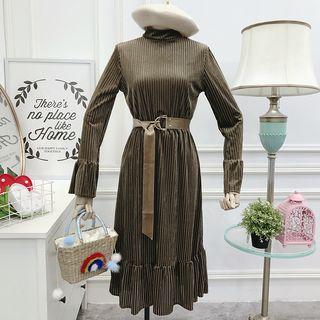 Mock-neck Velvet Midi Dress With Belt
