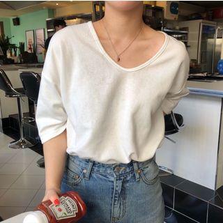 3/4-sleeve Plain T-shirt White - One Size