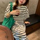 Elbow-sleeve Striped Midi T-shirt Dress As Shown In Figure - One Size
