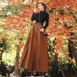 Set: Knit Top + Button-front Midi Skirt
