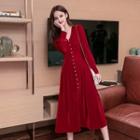 Long Sleeve V-neck Velvet High Waist A-line Dress