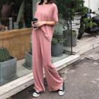 Plain Elbow-sleeve T-shirt / Wide Leg Pants