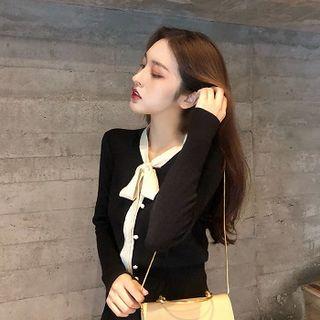 Color-block Lace-up Slim-fit Long-sleeve Cardigan