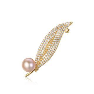 925 Sterling Silver Plated Gold Fashion Elegant Leaves Pink Freshwater Pearl Brooch With Cubic Zirconia Golden - One Size