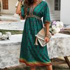 Short-sleeve Bobble Trim Patterned A-line Dress