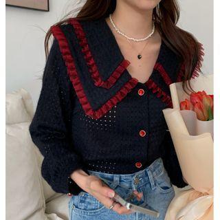Collar Lace Trim Button-up Blouse Black - One Size