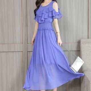 Ruffled Cold Shoulder A-line Midi Dress