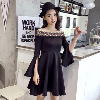 Lace Panel Off Shoulder Long Sleeve Dress