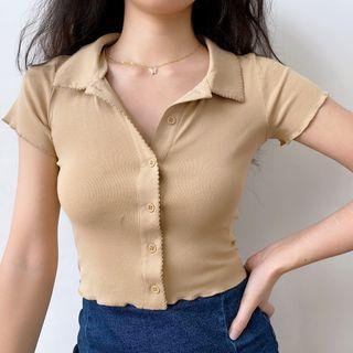 Simple Slim Cut Polo Lace Trim Collar Cardigan T-shirt