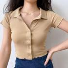 Simple Slim Cut Polo Lace Trim Collar Cardigan T-shirt