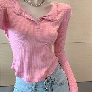 Long-sleeve Plain Henley Cropped T-shirt