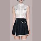 Set: Sleeveless Collared Top + Pinstriped Mini A-line Skirt