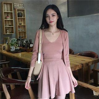 Set: Plain Knit Tank Top + Wide Leg Shorts + Cardigan