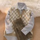 Long-sleeve Striped Shirt / Plaid Knit Vest / High-waist Pleated Skirt