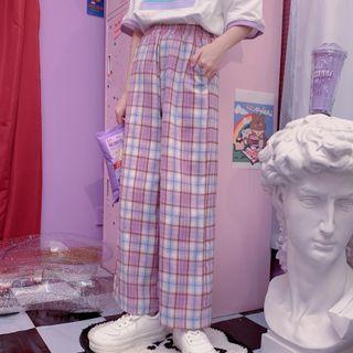Plaid Elastic-waist Straight-cut Pants Pink - One Size