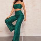 Set: Zip Back Sequin Tube Top + Wide Leg Pants