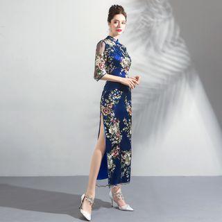 Elbow-sleeve Embroidered Sheath Midi Cheongsam
