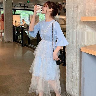 Set: Plain Short-sleeve T-shirt + V-neck Midi Mesh Jumper Skirt