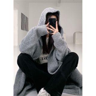 Hooded Open-front Long Cardigan Gray - One Size
