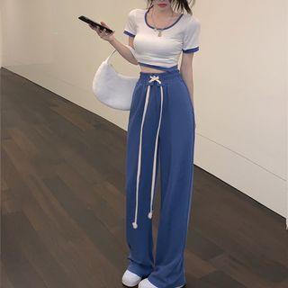 Drawstring Wide Leg Pants / Short-sleeve Contrast Trim Cropped T-shirt