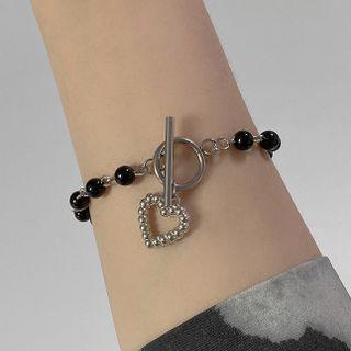Heart Alloy Bead Bracelet Bracelet - Black Beads - Silver - One Size