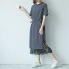 Pinstriped Short-sleeve Lace Hem Midi Dress