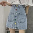 High Waist Buttoned Mini Washed Denim Skirt