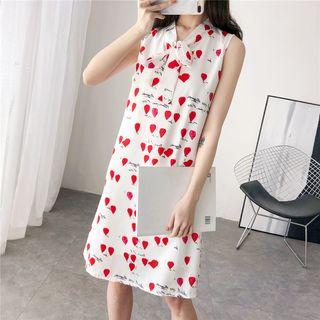 Ribbon-neckline Heart-print Chiffon Dress