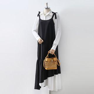 Color Block Strappy Midi A-line Dress Black - One Size