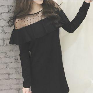 Polka Dot Panel Long-sleeve Shift Dress