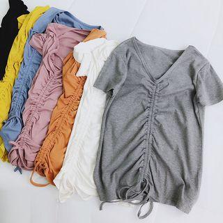 Short Sleeve Drawstring V-neck Top