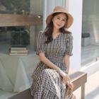 Wrap-front Smocked-waist Tiered Gingham Dress