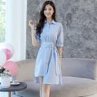 3/4 Sleeve Gather-waist V-neck Shirt