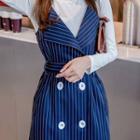 Set: Long-sleeve Top + Double-breasted Striped Jumper Dress