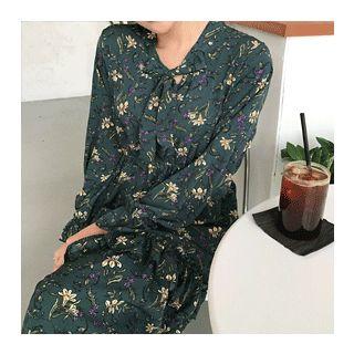 Floral Patterned Tie-neck Ruffle-trim Dress