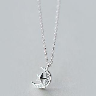 S925 Silver Rhinestone Star And Moon Pendant Necklace