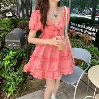 Short-sleeve Bow Accent Bow Detail Mini A-line Dress / Spaghetti Strap Mini Dress